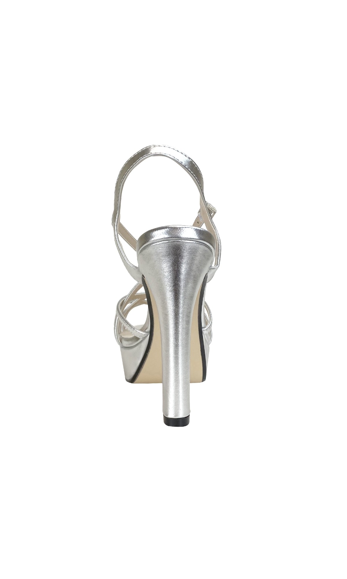 Rear view of the Wren Silver Metallic Prom Shoes by Touch Ups 4504, showcasing a strappy design with high heels and an ankle strap, displayed against a plain white background.